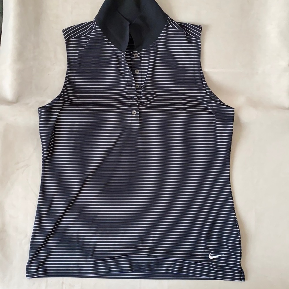 Womens Nike pin Striped Black White Dri Fit Sleeveless collared Golf Polo Large